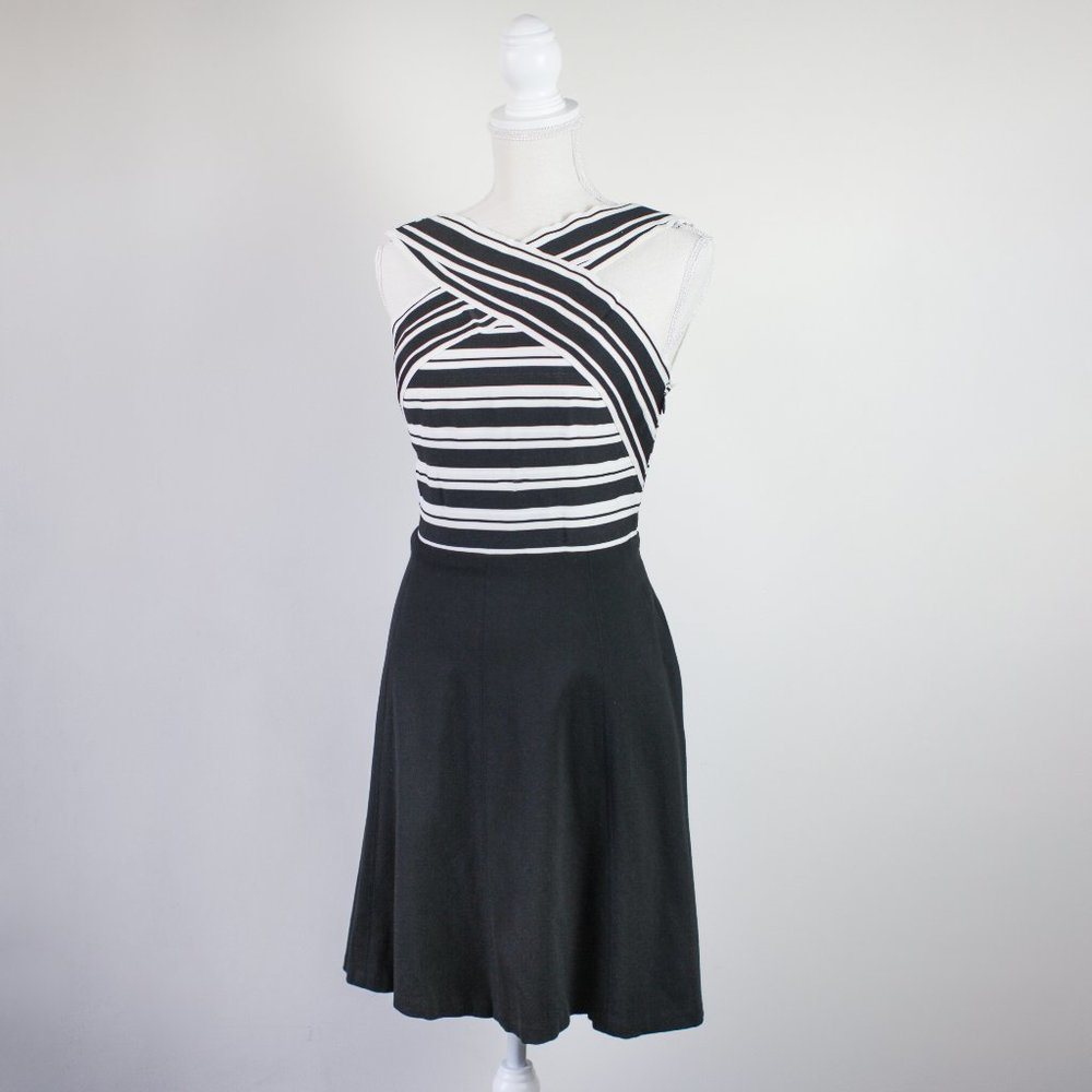Anthropologie Maeve Crosswise Bandage Fit & Flare Dress | Black/White | Size 6